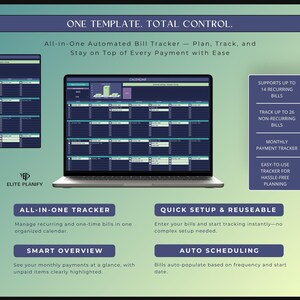 May include: A laptop screen displays a bill tracker interface with a calendar view. The image includes text: "ONE TEMPLATE. TOTAL CONTROL." and "All-in-One Automated Bill Tracker." Features include recurring and non-recurring bill tracking.