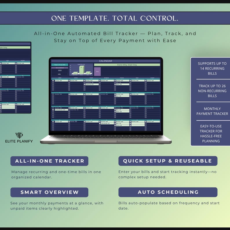 May include: A laptop screen displays a bill tracker interface with a calendar view. The image includes text: "ONE TEMPLATE. TOTAL CONTROL." and "All-in-One Automated Bill Tracker." Features include recurring and non-recurring bill tracking.