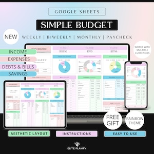 Budget Planner Google Sheets | Budget Spreadsheet | Monthly, Weekly Biweekly Budget Template | Paycheck Budget and Expense Tracker | Rainbow