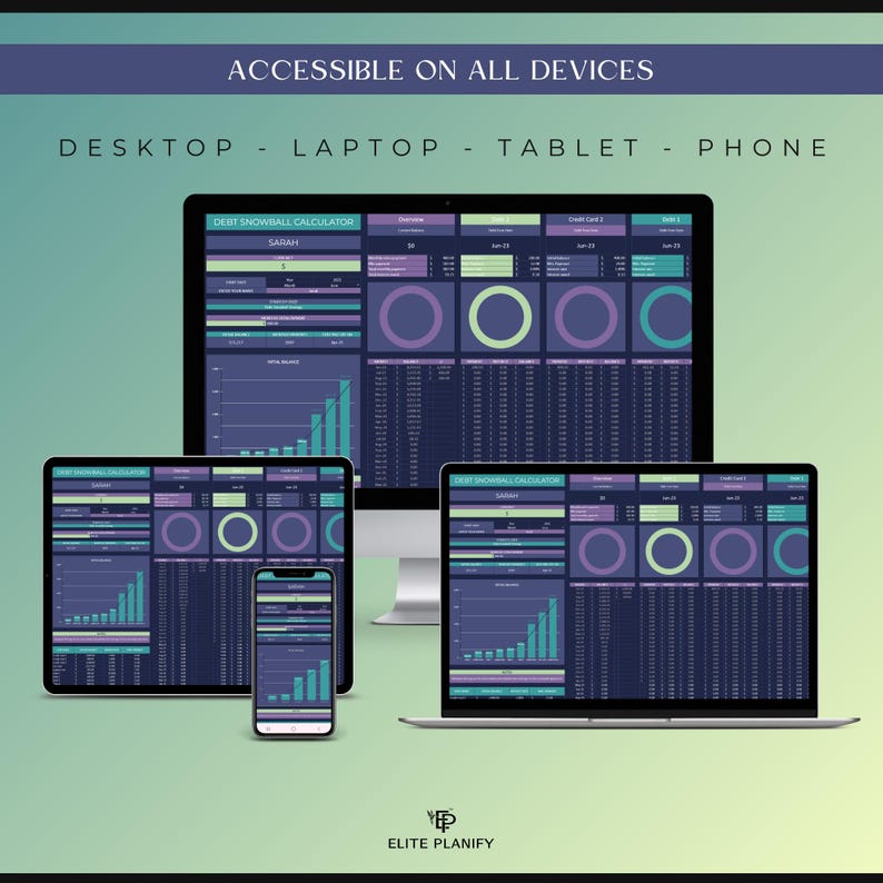 May include: A digital debt snowball calculator displayed on a desktop computer, laptop, tablet, and phone. The screens show a data-rich interface with charts and tables in shades of blue, purple, and green. Text at the top reads "ACCESSIBLE ON ALL DEVICES".