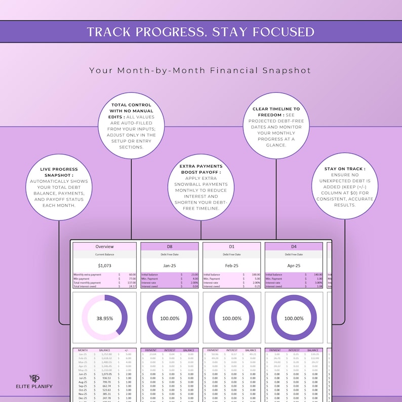 May include: A financial planning graphic with a purple background. The text reads "Track Progress. Stay Focused" and "Your Month-by-Month Financial Snapshot." The graphic includes charts, graphs, and text boxes detailing debt payoff and financial tracking.