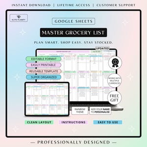 Editable Grocery List Google Sheets | Printable Grocery List | Rainbow Theme