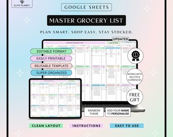 Editable Grocery List Google Sheets | Printable Grocery List | Rainbow Theme