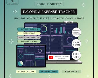 Income & Expense Tracker Google Sheets | Personal Finance Spreadsheet | Monthly Budget Planner and Debt Tracker | Dark Mode