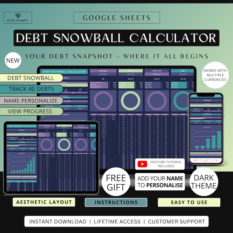 Debt Payoff Tracker Google Sheets, Debt Payoff Tracker Spreadsheet | Debt Snowball Calculator | Debt Planner | Dark Mode Edition image 2
