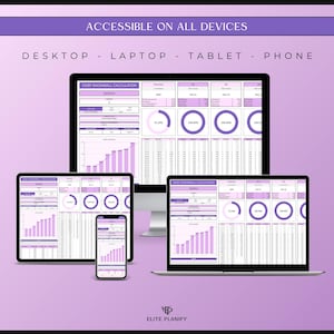 May include: A digital financial planning template, displayed on a desktop computer, laptop, tablet, and phone. The screens show a debt snowball calculator with charts and data, in shades of purple and white. Text at the top reads "ACCESSIBLE ON ALL DEVICES".