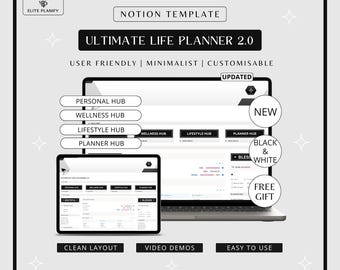 Notion Life Planner 2.0 | Ultimate All-in-One Notion Dashboard Template | Black & White Notion Planner