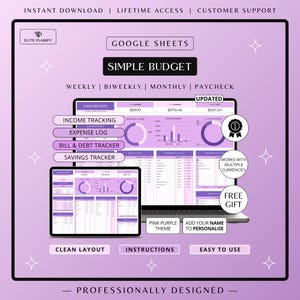Budget Spreadsheet Google Sheets | Budget Planner | Monthly, Weekly & Paycheck Budget Tracker | Pink Purple Theme