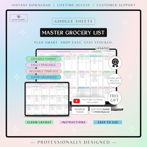 Könnte beinhalten: Eine digitale Master Grocery List Vorlage für Google Sheets mit Regenbogen-Design, bearbeitbarem Format und druckbarem Layout. Die Anzeige zeigt einen Laptop- und Tablet-Bildschirm mit organisierten Spalten, Checkboxen und Textfeldern.