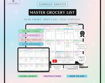 Editable Grocery List Google Sheets | Printable Grocery List | Rainbow Theme