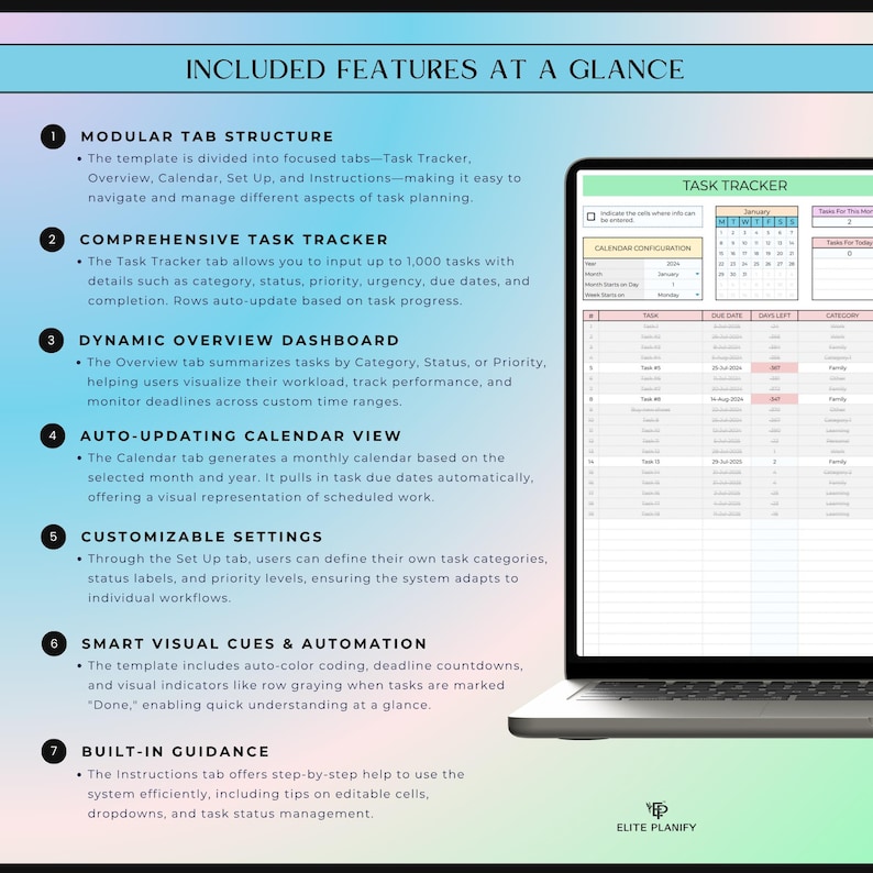 Pu&ograve; includere: Un modello digitale di gestione attivit&agrave; visualizzato su uno schermo di un portatile, caratterizzato da una struttura a schede modulari, tracciamento completo delle attivit&agrave;, dashboard dinamica, calendario automatico, impostazioni personalizzabili e guida.