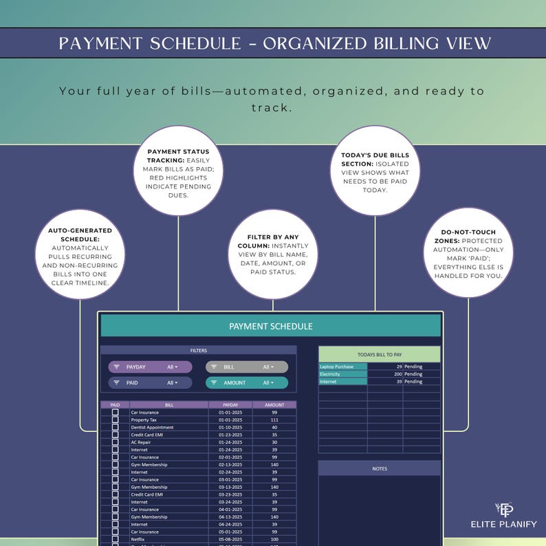 May include: A digital payment schedule with the title "PAYMENT SCHEDULE - ORGANIZED BILLING VIEW." The interface displays bill details, due dates, and amounts. Features include automated scheduling, payment status tracking, and filtering options. The text "ELITE PLANIFY" is in the bottom right corner.