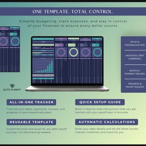 May include: A laptop displaying a financial template with the text "ONE TEMPLATE. TOTAL CONTROL." The screen shows charts and data tables in shades of blue, purple, and green. Additional text includes "ALL-IN-ONE TRACKER" and "QUICK SETUP GUIDE."