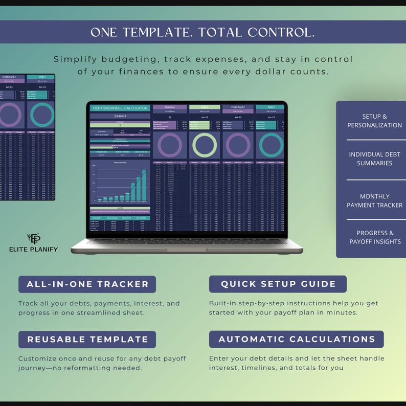 May include: A laptop displaying a financial template with the text "ONE TEMPLATE. TOTAL CONTROL." The screen shows charts and data tables in shades of blue, purple, and green. Additional text includes "ALL-IN-ONE TRACKER" and "QUICK SETUP GUIDE."