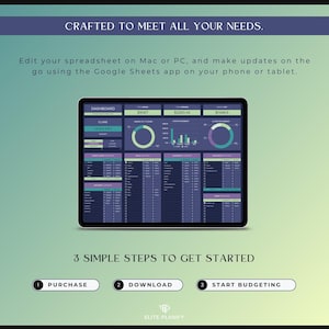 Peut inclure: Une tablette num&eacute;rique affichant un tableau de bord financier avec des graphiques et des donn&eacute;es. L'&eacute;cran montre une interface de feuille de calcul avec le texte "CRAFTED TO MEET ALL YOUR NEEDS." et "3 SIMPLE STEPS TO GET STARTED." La tablette est sur un fond d&eacute;grad&eacute;.