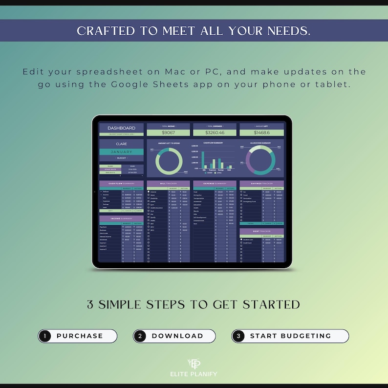 Peut inclure: Une tablette num&eacute;rique affichant un tableau de bord financier avec des graphiques et des donn&eacute;es. L'&eacute;cran montre une interface de feuille de calcul avec le texte "CRAFTED TO MEET ALL YOUR NEEDS." et "3 SIMPLE STEPS TO GET STARTED." La tablette est sur un fond d&eacute;grad&eacute;.