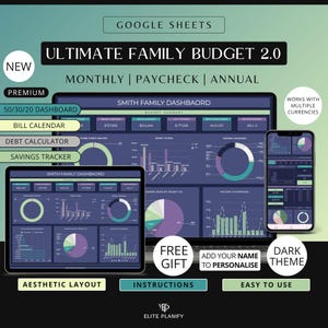 Ultimate Family Budget Spreadsheet | Google Sheet Family Budget Planner | Monthly Paycheck Annual Budget Template Family Budget Dark Mode