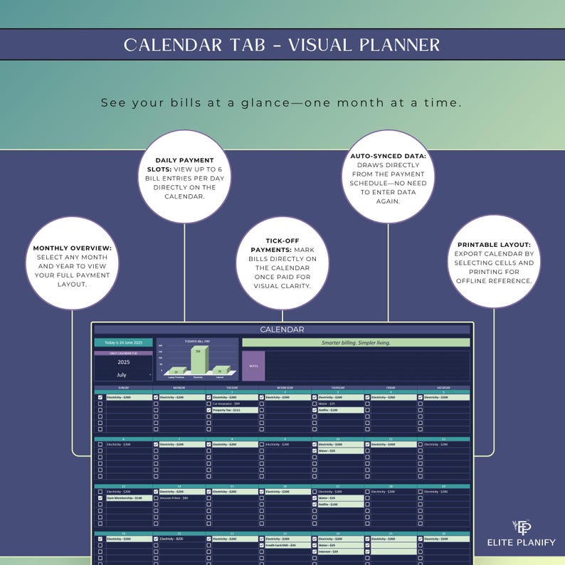 May include: A visual planner with the text "CALENDAR TAB - VISUAL PLANNER". The image shows a calendar layout with sections for daily payments, monthly overview, and auto-synced data. The calendar is designed for bill tracking.