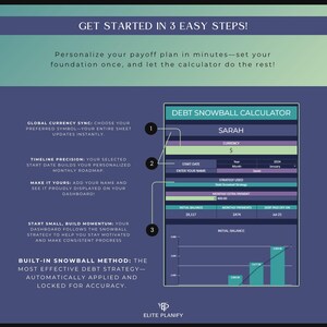 May include: A digital debt snowball calculator interface with a teal and purple color scheme. The interface includes fields for currency, start date, and name. A graph illustrates debt reduction over time. Text reads "Get Started in 3 Easy Steps!"