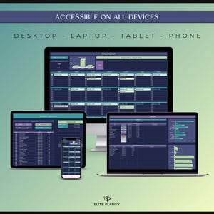 May include: A digital product displayed on a desktop computer, laptop, tablet, and phone. The screens show a calendar, payment schedule, and setup interface with a dark blue and purple color scheme. The text "ACCESSIBLE ON ALL DEVICES" is at the top.