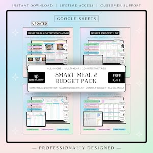 Meal & Budget Planner Spreadsheet Bundle Google Sheets | Meal Planner, Grocery Tracker, Bill Calendar and Monthly Budget Planner image 1