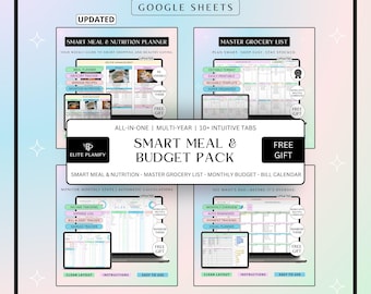 Meal & Budget Planner Spreadsheet Bundle Google Sheets | Meal Planner, Grocery Tracker, Bill Calendar and Monthly Budget Planner
