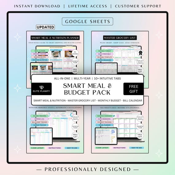 Meal & Budget Planner Spreadsheet Bundle Google Sheets | Meal Planner, Grocery Tracker, Bill Calendar and Monthly Budget Planner