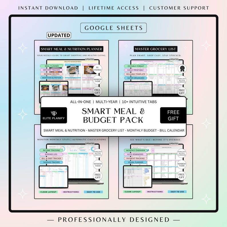 Meal & Budget Planner Spreadsheet Bundle Google Sheets | Meal Planner, Grocery Tracker, Bill Calendar and Monthly Budget Planner image 1