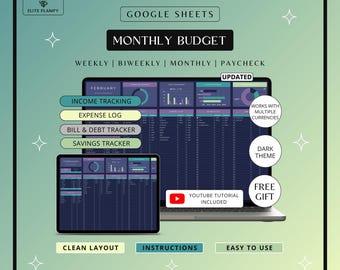 Monthly Budget Planner Google Sheets | Monthly Budget Tracker & Spreadsheet | Budget Template and Financial Planner | Dark Mode