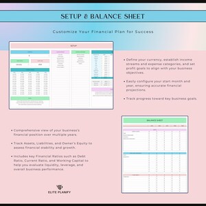 Op de afbeelding: Een digitaal financieel planningssjabloon getiteld SETUP & BALANCE SHEET. Het bevat een instellingsdashboard met velden voor valuta, startmaand en jaar, naast een balansraster voor het bijhouden van activa, passiva en eigen vermogen met Elite Planify.
