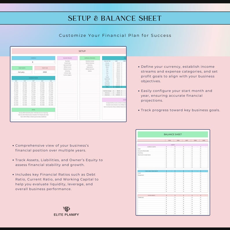 Op de afbeelding: Een digitaal financieel planningssjabloon getiteld SETUP & BALANCE SHEET. Het bevat een instellingsdashboard met velden voor valuta, startmaand en jaar, naast een balansraster voor het bijhouden van activa, passiva en eigen vermogen met Elite Planify.