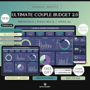 Ultimate Couple Budget Spreadsheet Google Sheets Couple Budget Planner | Monthly, Annual & Paycheck Budget Planner Debt Tracker Dark Mode