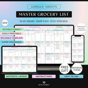 Grocery List Google Sheets | Editable and Printable Grocery List Spreadsheet | Grocery Tracker | Grocery Budgeting | Rainbow