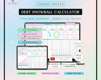 Debt Payoff Tracker Google Sheets | Debt Snowball Calculator Spreadsheet | Debt Planner | Rainbow