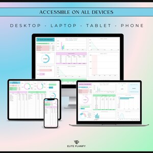 Op de afbeelding: Een desktopmonitor, laptop en tablet met een 5-jarig financieel dashboard met grafieken en tabellen. De tekst luidt ACCESSIBLE ON ALL DEVICES, DESKTOP - LAPTOP - TABLET - PHONE en ELITE PLANIFY. De interface bevat pastelkleurige accenten.