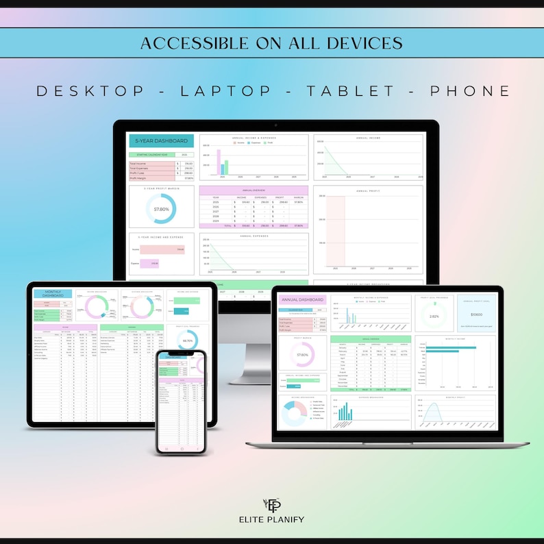 Op de afbeelding: Een desktopmonitor, laptop en tablet met een 5-jarig financieel dashboard met grafieken en tabellen. De tekst luidt ACCESSIBLE ON ALL DEVICES, DESKTOP - LAPTOP - TABLET - PHONE en ELITE PLANIFY. De interface bevat pastelkleurige accenten.