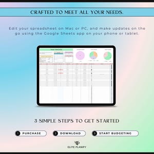 Pu&ograve; includere: Un foglio di calcolo digitale per il monitoraggio delle attivit&agrave; visualizzato sullo schermo di un tablet. Il testo recita: CRAFTED TO MEET ALL YOUR NEEDS. Edit your spreadsheet on Mac or PC, and make updates on the go using the Google Sheets app. 3 SIMPLE STEPS TO GET STARTED: 1 PURCHASE, 2 DOWNLOAD, 3 START BUDGETING. Logo Elite Planify.