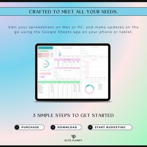 Op de afbeelding: Een digitale tablet met een 5-jarig financieel dashboard-spreadsheet. Tekst: CRAFTED TO MEET ALL YOUR NEEDS. Edit your spreadsheet on Mac or PC, and make updates on the go using the Google Sheets app. 3 SIMPLE STEPS TO GET STARTED: 1 PURCHASE, 2 DOWNLOAD, 3 START BUDGETING. Logo: ELITE PLANIFY.