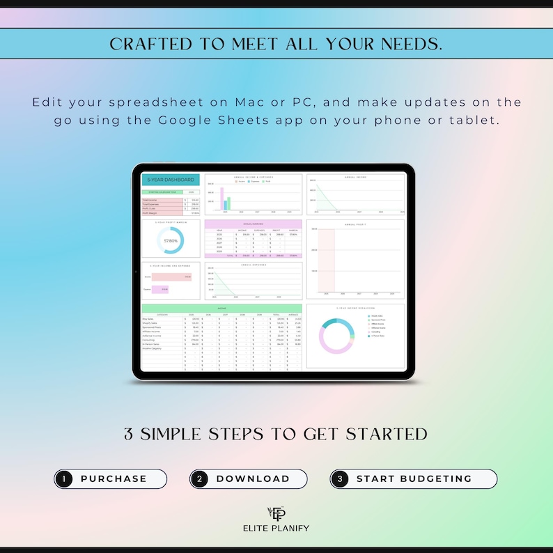 Op de afbeelding: Een digitale tablet met een 5-jarig financieel dashboard-spreadsheet. Tekst: CRAFTED TO MEET ALL YOUR NEEDS. Edit your spreadsheet on Mac or PC, and make updates on the go using the Google Sheets app. 3 SIMPLE STEPS TO GET STARTED: 1 PURCHASE, 2 DOWNLOAD, 3 START BUDGETING. Logo: ELITE PLANIFY.