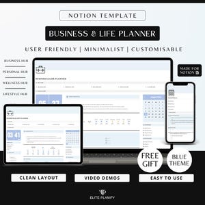 Notion Business & Life Planner Template | Blue Minimalist All-in-One Dashboard | Digital Organizer for Productivity And Success