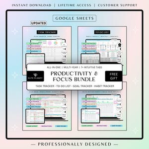 Productivity & Focus Spreadsheet Bundle Google Sheets | Task Tracker, To-Do List, Habit Tracker and Goal Tracker | Rainbow