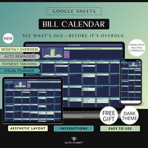 May include: A digital bill calendar displayed on a laptop, tablet, and smartphone. The interface features a monthly overview, auto reminders, payment tracking, and a visual planner. Text includes "Bill Calendar" and "See what's due before it's overdue."