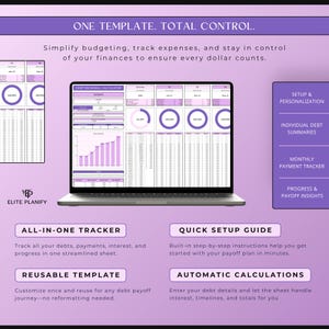 May include: A laptop displaying a financial tracking template with a purple and white color scheme. The screen shows charts, graphs, and data tables. Text on the screen reads "ONE TEMPLATE. TOTAL CONTROL." and "ELITE PLANIFY."