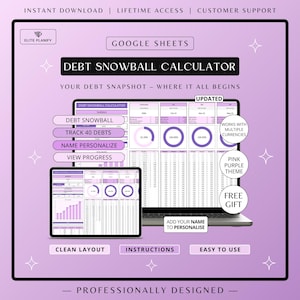 Debt Payoff Tracker Google Sheets, Debt Payoff Tracker Spreadsheet | Debt Snowball Calculator | Debt Tracker | Pink & Purple
