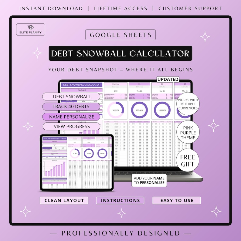 Debt Payoff Tracker Google Sheets, Debt Payoff Tracker Spreadsheet | Debt Snowball Calculator | Debt Tracker | Pink & Purple image 1