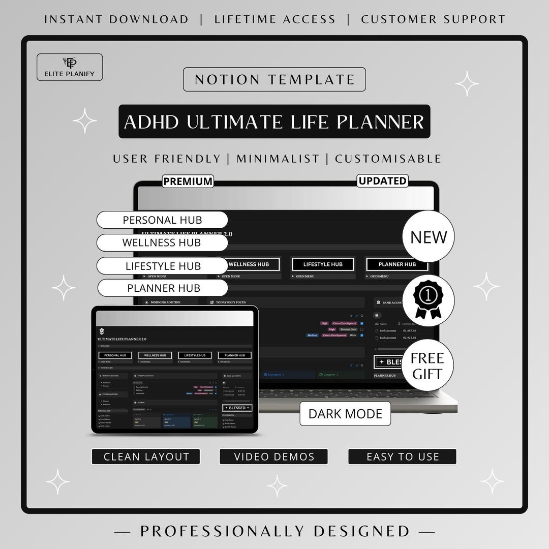 ADHD Notion Life Planner | Dark Mode | Ultimate Notion Template for ...