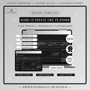 ADHD Notion Life Planner | Dark Mode | Ultimate Notion Template for Productivity & Personal Growth | ADHD friendly