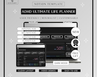 ADHD Notion Life Planner | Dark Mode | Ultimate Notion Template for Productivity & Personal Growth | ADHD friendly