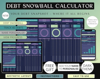 Debt Snowball Calculator Google Sheets | Debt Tracker & Planner | Personal Finance Spreadsheet Dark Mode