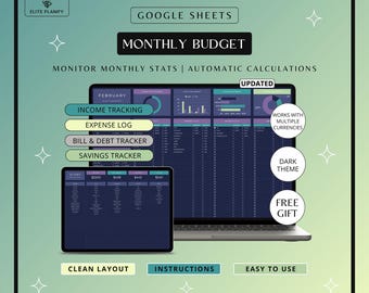Monthly Budget Planner Google Sheets | Monthly Budget Tracker & Spreadsheet | Budget Template and Financial Planner | Dark Mode